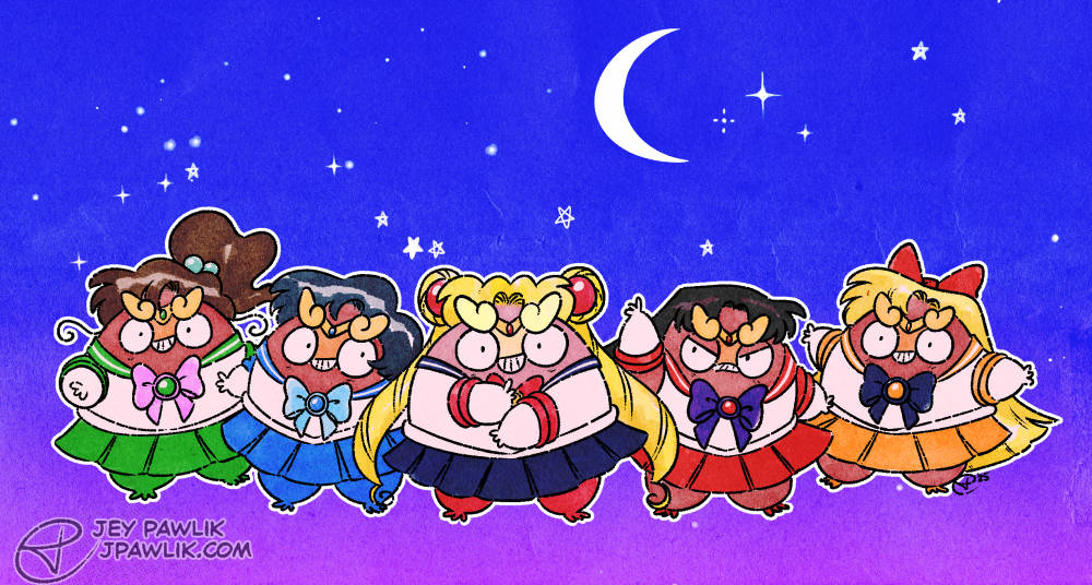 Coloured illustration of five Darumaka dressed in the main five Sailor Scout outfits, wigs and doing their classic poses from Sailor Moon. The background is a purple and blue sky with a crescent moon.