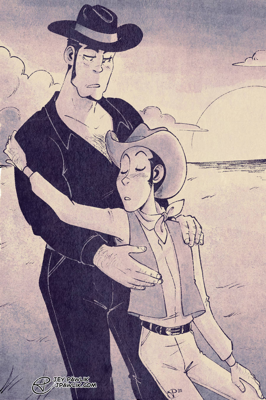 A digital illustration of Lupin and Zenigata posed like the cover of a romance novel while wearing cowboy outfits. Zenigata is holding on to Lupin as Lupin backs himself into Zenigata dramatically.