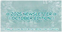 Rectangular image with the text “2025 Updates, September Edition” over top of a digital photo showing a building at night framed by trees. The text “jpawlik.com/blog and patreon.com/jpawlik” is at the bottom of the image.