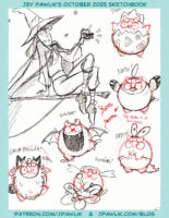 Sketchbook cover for Jey's October 2025 Sketchbook with the links patreon.com/jpawlik and jpawlik.com/blog. The cover shows traditional sketches of Diana dressed as a witch flying on a broom, and six Darumaka in various Pokemon costumes: Togepi, Natu, Applin, Golbat, Galar Meowth and Flabebe.