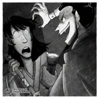 Digital illustration made to look like a black and white square photo. Jigen is dressed as a vampire and has jumped out at an unsuspecting Goemon who screams and grabs at his sword Zantetsuken.
