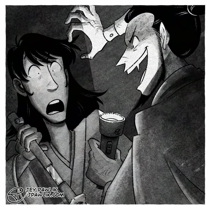 Digital illustration made to look like a black and white square photo. Jigen is dressed as a vampire and has jumped out at an unsuspecting Goemon who screams and grabs at his sword Zantetsuken.