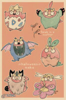 Digital illustration with 6 Darumaka in various costumes. She's dressed as: a Togepi, a Natu, a Golbat, an Applin, a Galar Meowth, and a Flabebe.