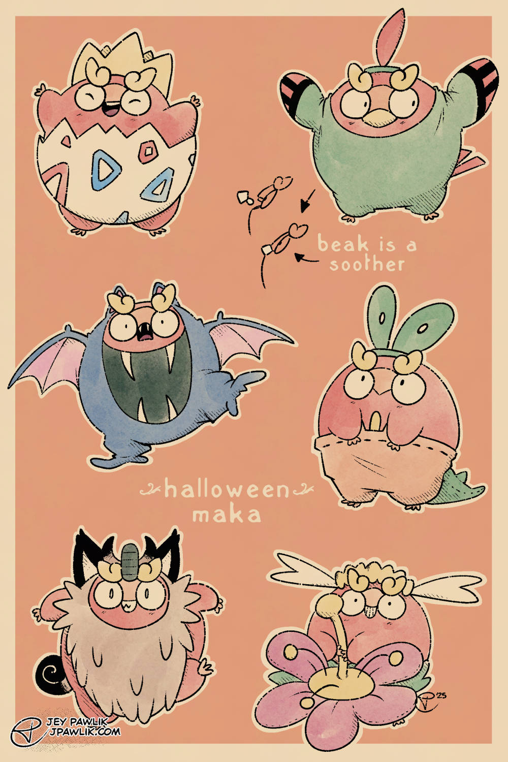 Digital illustration with 6 Darumaka in various costumes. She's dressed as: a Togepi, a Natu, a Golbat, an Applin, a Galar Meowth, and a Flabebe.