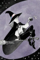 Digital illustration of Diana from ISO: Analogue Days as a witch. She's sitting on a broom stick while clicking the shutter on her tiny film camera.