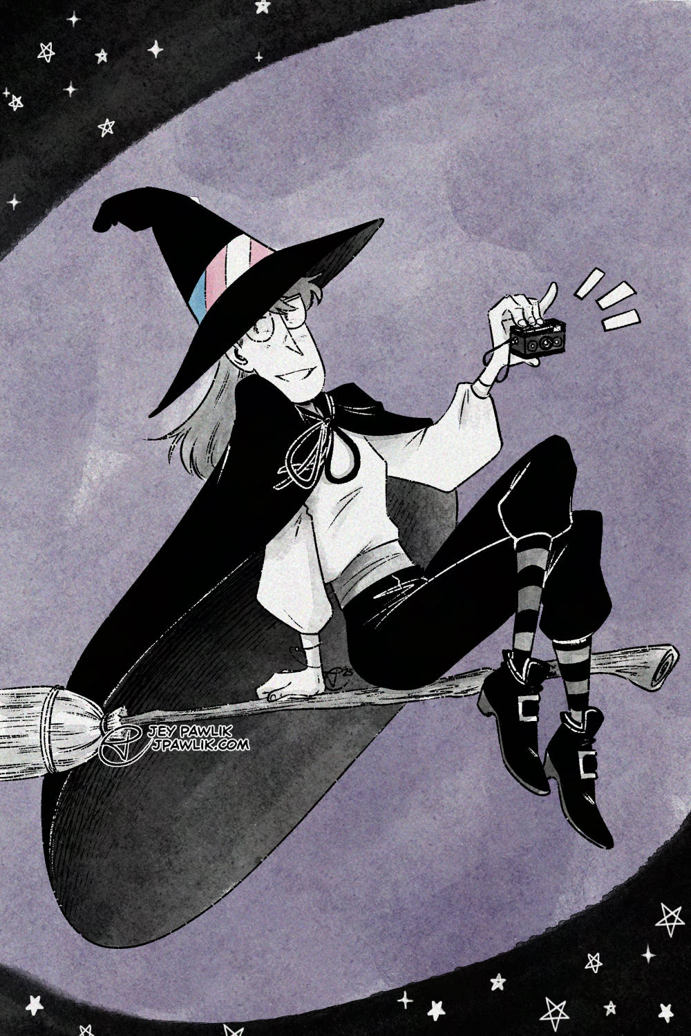 Digital illustration of Diana from ISO: Analogue Days as a witch. She's sitting on a broom stick while clicking the shutter on her tiny film camera.