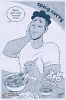 Digital illustration of Daven from Alola Darumaka, a black man with short curly hair with a very fit physique. He and Darumaka, his pokemon, are eating spicy curry with big smiles.