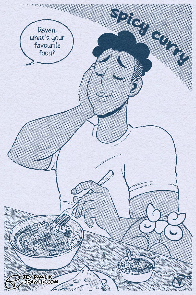 Digital illustration of Daven from Alola Darumaka, a black man with short curly hair with a very fit physique. He and Darumaka, his pokemon, are eating spicy curry with big smiles.