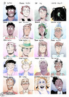Illustration with 20 original character portraits lined up in a grid with their names and pronouns above each portrait.
