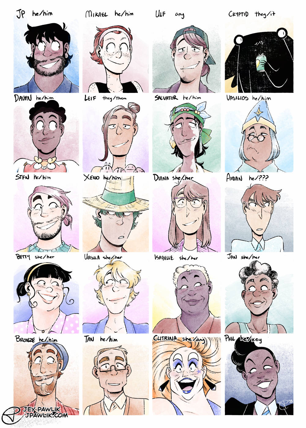 Illustration with 20 original character portraits lined up in a grid with their names and pronouns above each portrait.