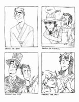 Four black and white traditional illustrations on one image. "Shoutout for Mikey" of their original character blushing while wearing a yukata. "Shoutout for Riddler76" of vampire Lupin trying to bite Jigen but Jigen just pushing him back and looking annoyed. "Shoutout for Myst" of Zenigata dressed as Arsene Lupin with a cane, top hat, and monocle, while Lupin is dressed as Heiji Zenigata with a coin and jute. "Shoutout for Rett" of Fujiko and Goemon as if they were in Delicious in Dungeon, with Fujiko being an elf and Goemon as an ogre.