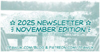 Rectangular image with the text “2025 Updates, November Edition” over top of a film photo showing a a bench with chairs looking out on a lake with a horizon of trees in the background. The text “jpawlik.com/blog and patreon.com/jpawlik” is at the bottom of the image.
