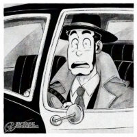 Digital illustration made to look like a black and white square photo. Zenigata is sitting in the driver's seat of an old police car, looking at the camera wide eyed and surprised.