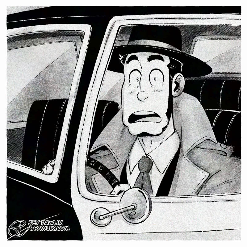 Digital illustration made to look like a black and white square photo. Zenigata is sitting in the driver's seat of an old police car, looking at the camera wide eyed and surprised.