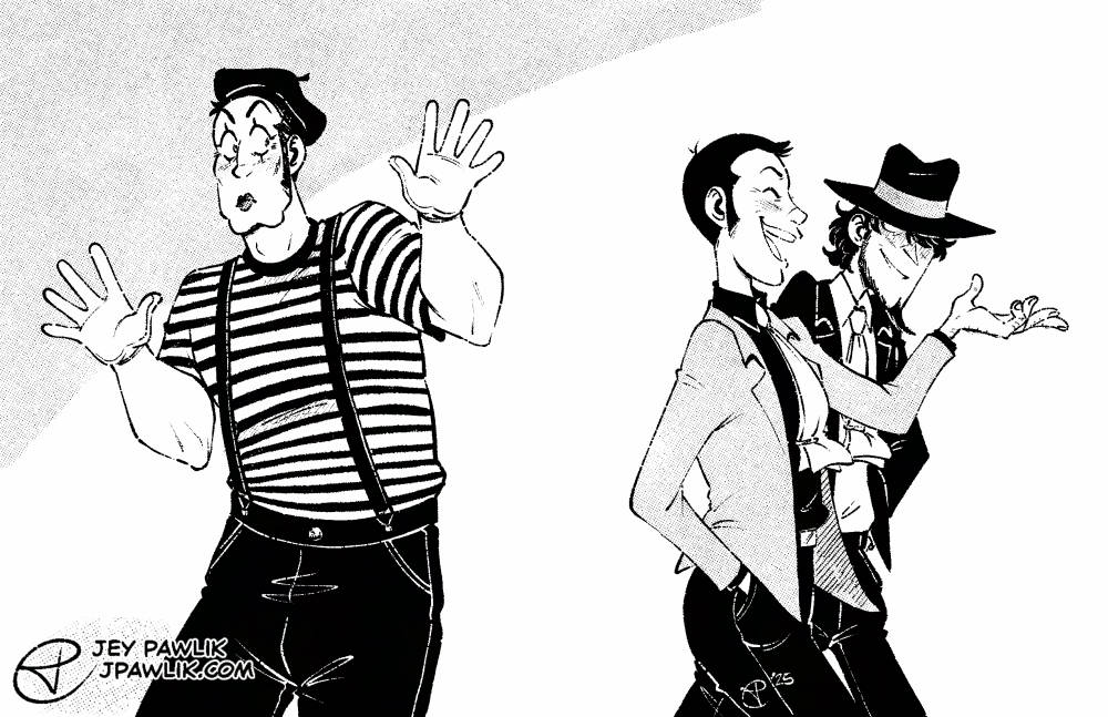 Black and white digital illustration with halftones. Zenigata is dressed as a mime as he watches Lupin and Jigen stroll past him, but Jigen is looking back at Zenigata with a sly grin.