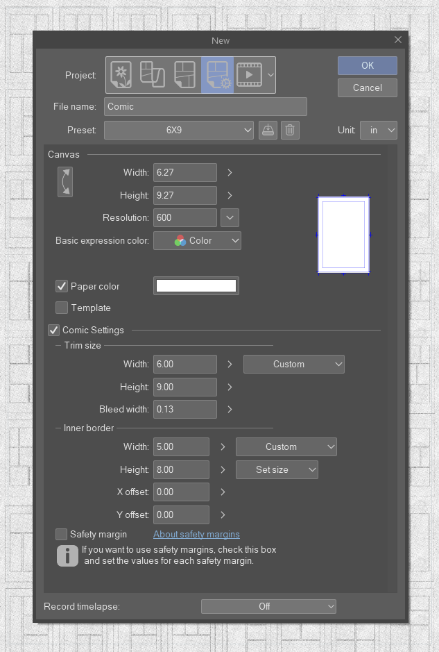 Screenshot of Clip Studio Paint comic settings for a 6x9" page.