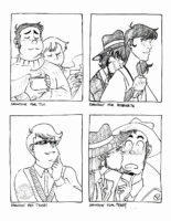 Four black and white traditional illustrations on one image. "Shoutout for TLC of Mikael and JP from Dead City cuddling while holding hot drinks in their hands. "Shoutout for Riddler76" of Jigen hugging Goemon from behind and Goemon smiling sweetly. "Shoutout for Tsushi" of their original character pondering with a smirk on their face. "Shoutout for Peggy" of Jigen kissing Zenigata on the cheek and Zenigata being surprised and blushing immensely.