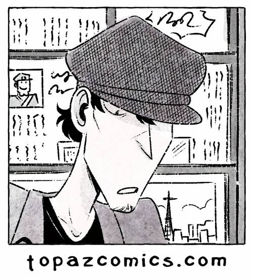 Comic preview of "Jigen Now and Then" on topazcomics.com a crop of a young Jigen wearing a newsboy cap and looking at something intently.