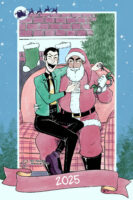 Digital illustration of a mall Santa photo with a Christmas border. Lupin is sitting on Zenigata's lap happily. Zenigata is dressed up as a mall Santa and grinning as he holds up some handcuffs with holly on them, but Lupin already has the keys for the handcuffs.