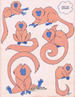 A page of digital illustrations of "Golden Lion Tamarins", little orange monkeys with blue faces in various sitting and climbing poses.