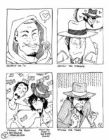 Four black and white traditional illustrations on one image. "Shoutout for TLC" of their orc character wearing a hood and holding a rose in their mouth with their bottom teeth sticking out in a wide smile. "Shoutout for Riddler76" of Zenigata hunched over and blushing while thinking about Jigen grinning. "Shoutout for Peggy" of Lupin and Jigen having fallen asleep on some bed sheets with money strewn about, a little note reads "Don't fall asleep in your binder, friends!" "Shoutout for Tsushi" of an angry Jigen clenching his jaw and his fists.