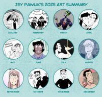 Square image with twelve circles, each dated per month: January to December. Text at the top reads "Jey Pawlik's 2025 Art Summary". Each circle has a crop from a drawing or comic I did this year.