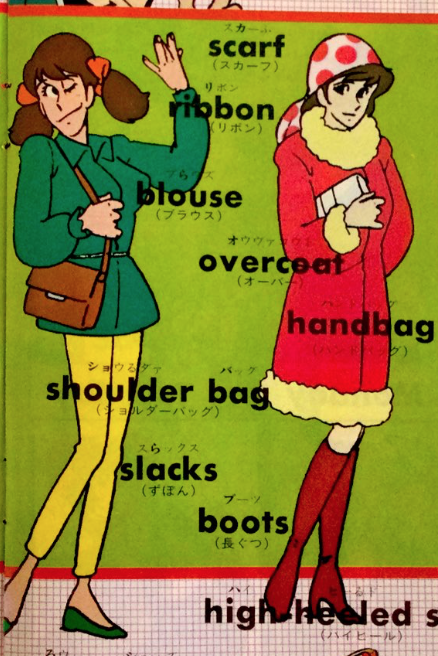 Original illustration from the Let's Learn English book where Lupin and Fujiko are wearing cute outfits with words on their articles of clothing. This one is in the Part 2 style.