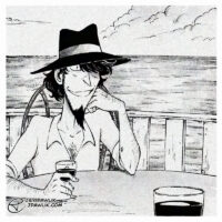 Digital illustration made to look like a black and white square photo. Jigen is sitting at a table on a porch outside with the ocean behind him, a wine glass filled with red wine in his hand as he's smiling at the camera. There's another wine glass in the foreground closer to the camera.