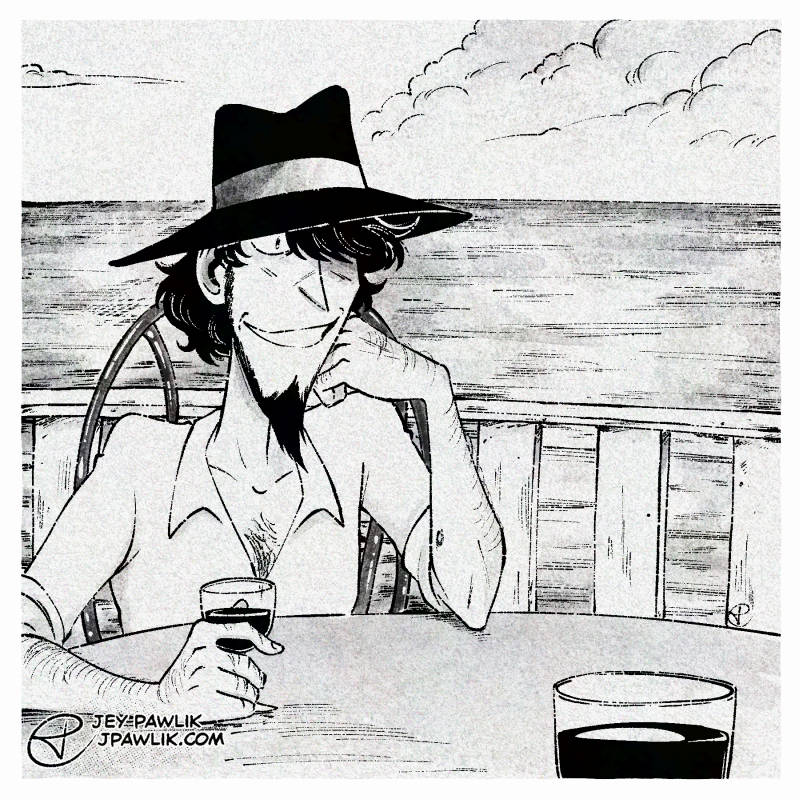 Digital illustration made to look like a black and white square photo. Jigen is sitting at a table on a porch outside with the ocean behind him, a wine glass filled with red wine in his hand as he's smiling at the camera. There's another wine glass in the foreground closer to the camera.