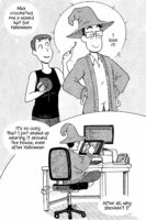 Comic page done in black and white with halftones. Narration: Max crocheted me a wizard hat for Halloween. Max smiles as xey hold up a crochet hook and a ball of yarn while Jey looks very happy and proud in their new wizard hat. I love it! Narration: It's so cozy that I just ended up wearing it around the house, even after Halloween. After all, why shouldn't I? Jey is drawing at their desk with a grin.