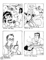 Four black and white traditional illustrations on one image. "Shoutout for Peggy" of Zenigata and his adult daughter Toshiko as imagined by Peggy, the two are drunk at karaoke and singing their hearts out. "Shoutout for TLC" of Jigen running away from a restaurant mascot who's saying "Wait, you forgot your cake" in a jumbled way. "Shoutout for Rett" of Kim Kitsuragi from Disco Elysium concentrating and writing in a notebook. "Shoutout for Riddler76" of Zenigata taking care of a sick Jigen by bringing him soup.
