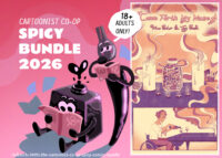 The Cartoonist Coop mascots Inkling and Nibford enjoying reading some spicy 18+ comics for the "Cartoonist Co-op Spicy Bundle 2026" with a preview of the comic "Come Forth My Muse by Max Parker and Jey Pawlik" showing an older transwoman in a wheelchair setting up an elaborate art spell and pouring two glasses of wine.