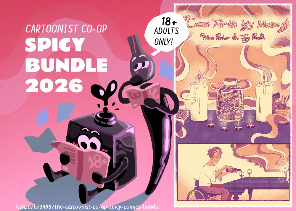 The Cartoonist Coop mascots Inkling and Nibford enjoying reading some spicy 18+ comics for the "Cartoonist Co-op Spicy Bundle 2026" with a preview of the comic "Come Forth My Muse by Max Parker and Jey Pawlik" showing an older transwoman in a wheelchair setting up an elaborate art spell and pouring two glasses of wine.