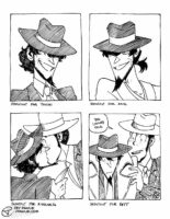 Four black and white traditional illustrations on one image. "Shoutout for Tsushi" of a grinning Jigen portrait. "Shoutout for Amiel" a grinning Jigen portrait but he's got his hair in a tiny ponytail and is wearing a yukata. "Shoutout for Riddler76" Jigen is pulling Zenigata into a kiss by pulling on his tie. "Shoutout for Rett" of Zenigata putting his trenchcoat over Jigen's shoulders while saying "You looked cold." and Jigen is emotionally malfunctioning.