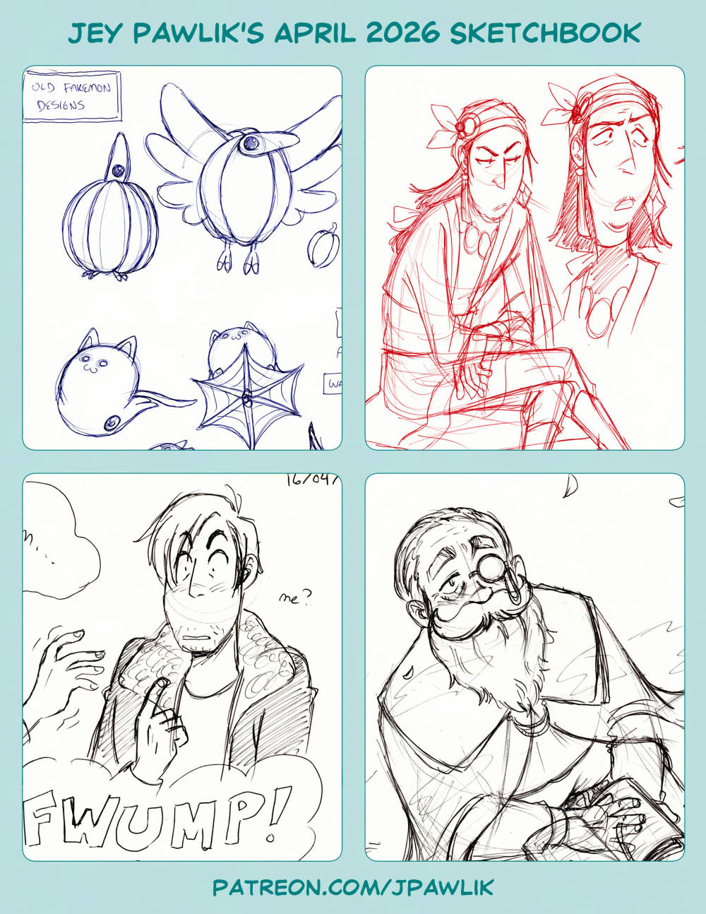 Jey Pawlik's April 2026 sketchbook cover with previews from the sketchbook: sketches of some old fakemon designs, my OC from The Curse Eater pilot comic Salvator sitting along with a bust, a Resident Evil 9 doodle of Leon pointing to himself and quietly asking "me?" as something happens, but what?! The last preview is an illustration of Denken from Frieren sitting and looking up at cherry blossom leaves falling.