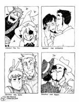Four black and white traditional illustrations on one image. "Shoutout request for TLC" of Siffrin and Isabeau from In Stars and Time laying down in a field laughing together. "Shoutout for Riddler76" of Zenigata gently brushing Jigen's cheek and Jigen looking surprised with a severe blush on his face. "Shoutout for Asmo" of their characters from their webcomic Exorcism Academy posing like they're getting their photo taken. "Shoutout for Peggy" of Jigen and Zenigata kissing sweetly and gently.