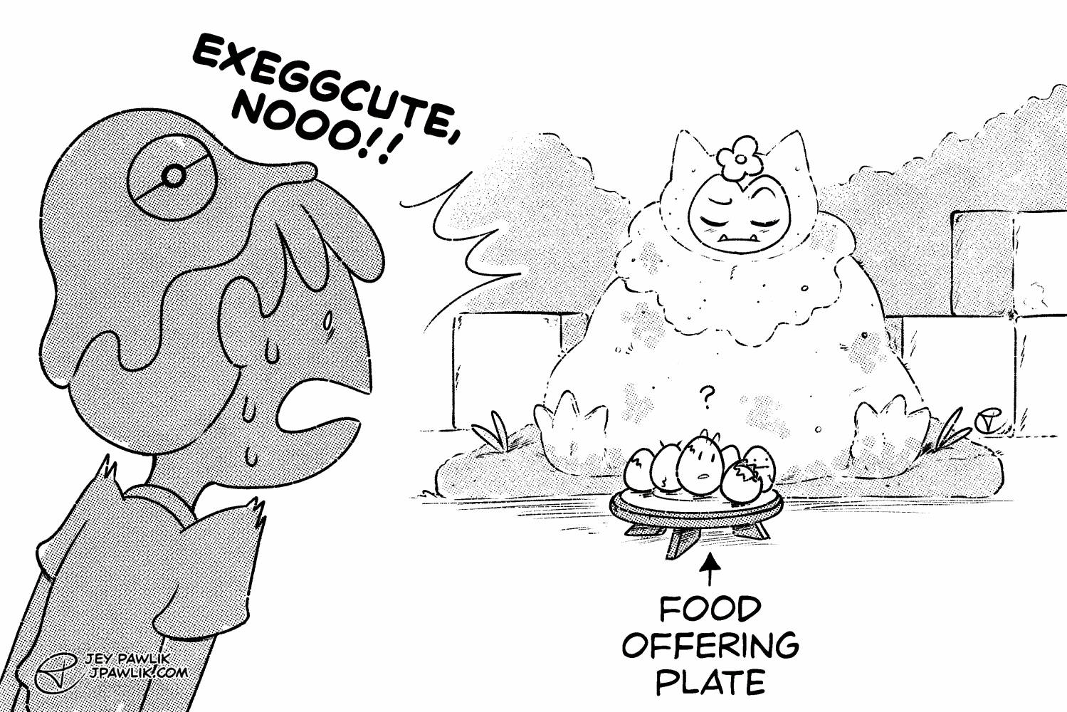 Digitally drawn illustration where Ditto finds Exeggcute sitting on Mosslax's offering plate. Ditto yells "Exeggcute nooooo!" and Exeggcute looks oblivious while Mosslax looks on with confusion.