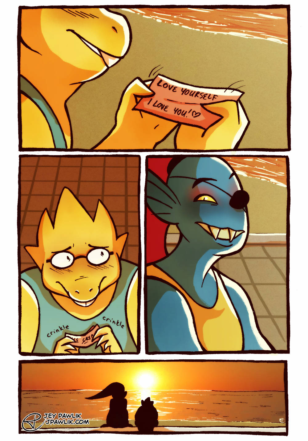 A silent Undertale fancomic, where Undyne and Alphys are sitting together on a board walk. Alphys opens up her Nice cream note that reads "Love yourself. I love you ❤️" She looks shyly over at Undyne, who smiles sweetly at her, a knowing silence between them that Undyne wrote the note. The two sit together and enjoy their ice creams while watching the sunset.
