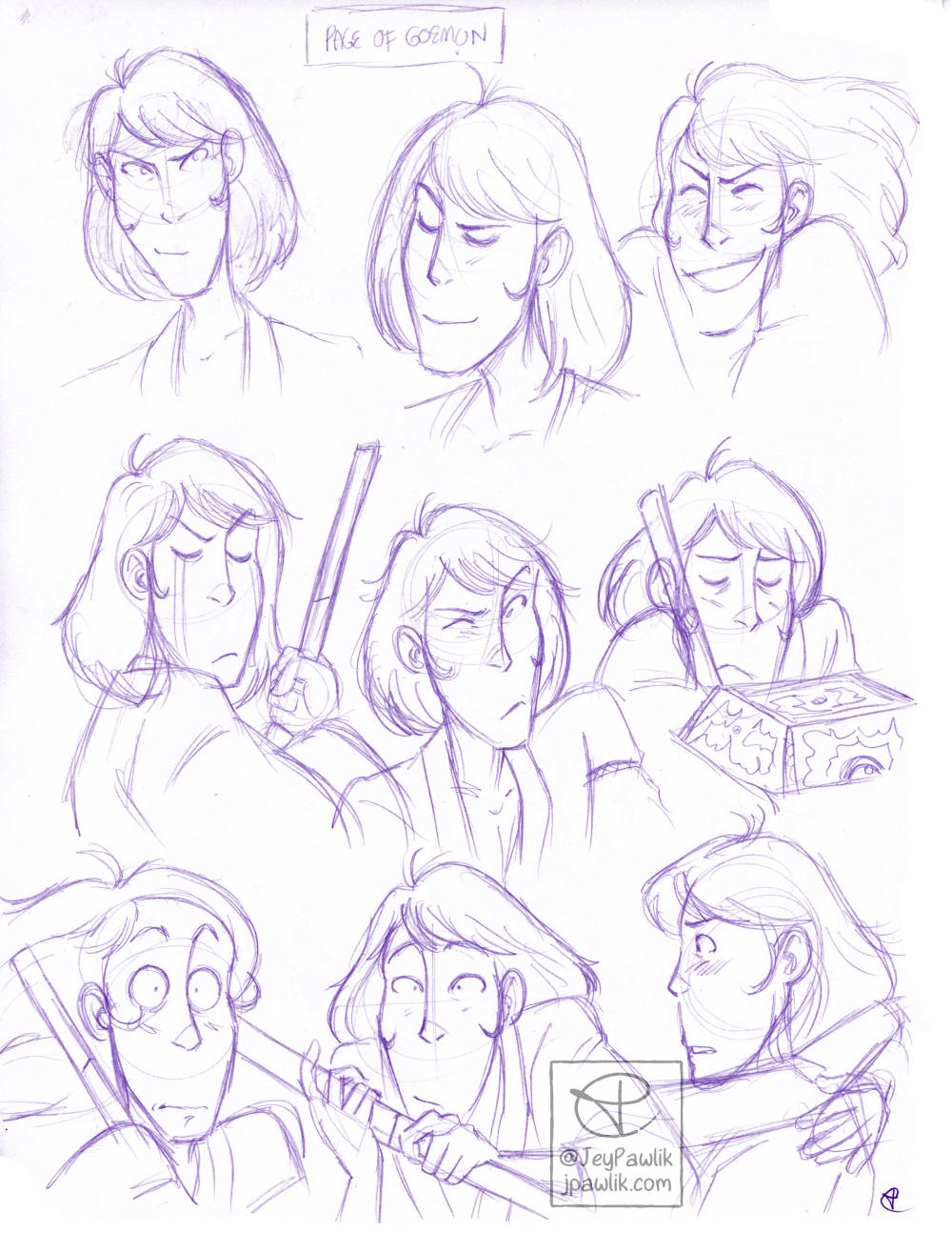 Sketch page of nine sketches of Goemon with different expressions, using screenshots from various episodes and movies. The page is done in purple ballpoint pen.
