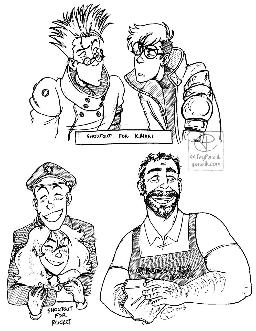 One image with three black and white inked drawings. The first is Vash from the original anime and Vash from Trigun Stampede looking at one another confused, with “Shoutout for Khiari” under the drawing. The second is two original characters, a man wearing a navy outfit and hat hugging a girl with large wild hair against his chest, both are smiling, text under the drawing reads “Shoutout for Rocket”. The last drawing is another original character, a big burly middle aged man with a greying beard, he’s cleaning a beer glass and wearing an apron that reads “Shoutout for Tabbie”.