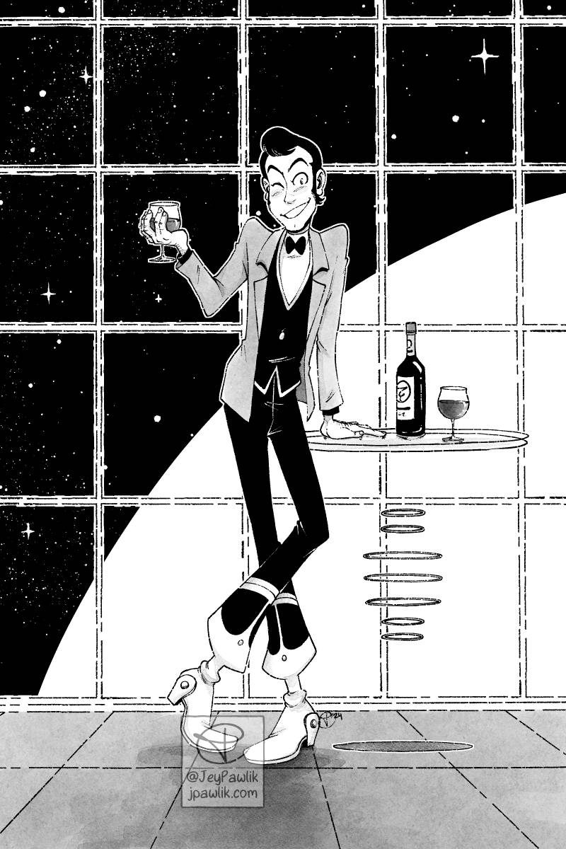 Black, white and greyscale illustration of Lupin the eighth standing in the center of the image. He’s smiling with a wink, holding a wine glass in his right hand that’s lifted up in a low toast. He’s leaning on a futuristic side table with a wine bottle and another glass of wine on it. The background is a floor to ceiling window where we can see outer space and a galaxy of stars.