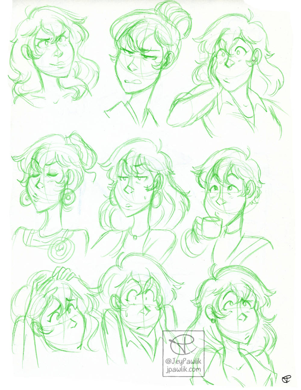 Sketch page of nine different expressions of Fujiko done in green pencil.