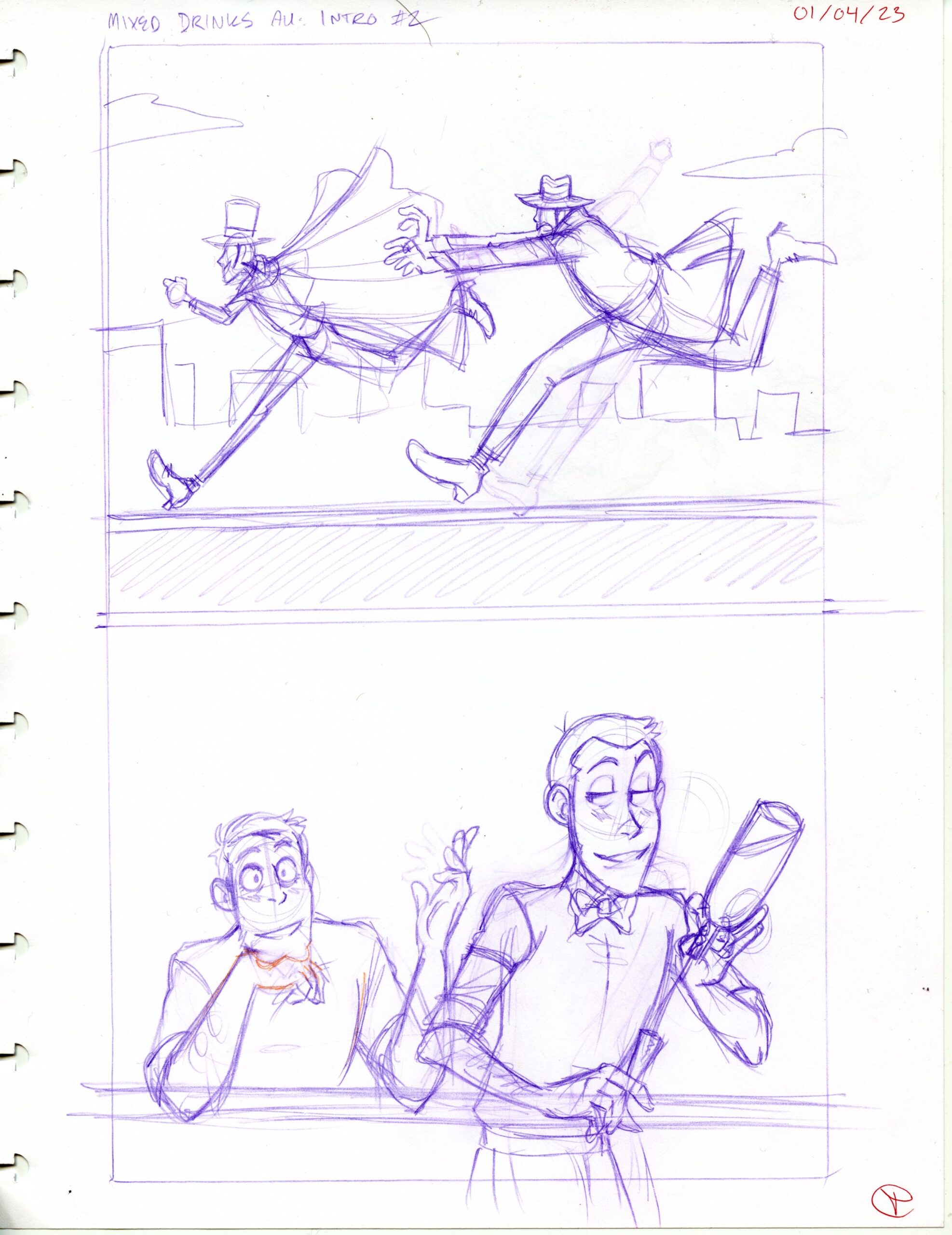 Same composition as the previous page but the sketched version, done in purple pencil.