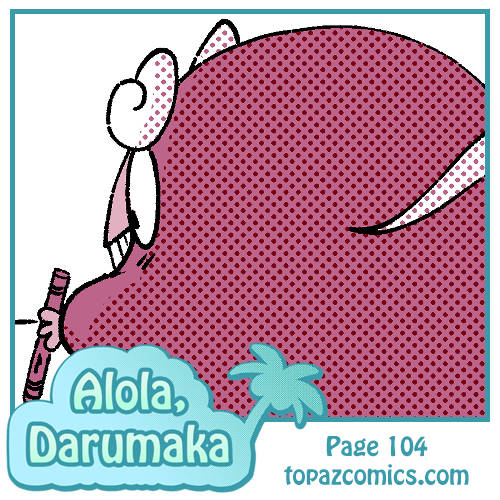 Preview image of an Alola Darumaka comic update. The logo is in the bottom left corner and the text reads topazcomics.com. The crop shows Darumaka from behind with a crayon in her hand.