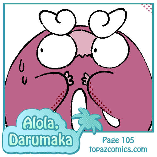 Preview image of an Alola Darumaka comic update. The logo is in the bottom left corner and the text reads topazcomics.com. The crop shows Darumaka looking worried and to the left.