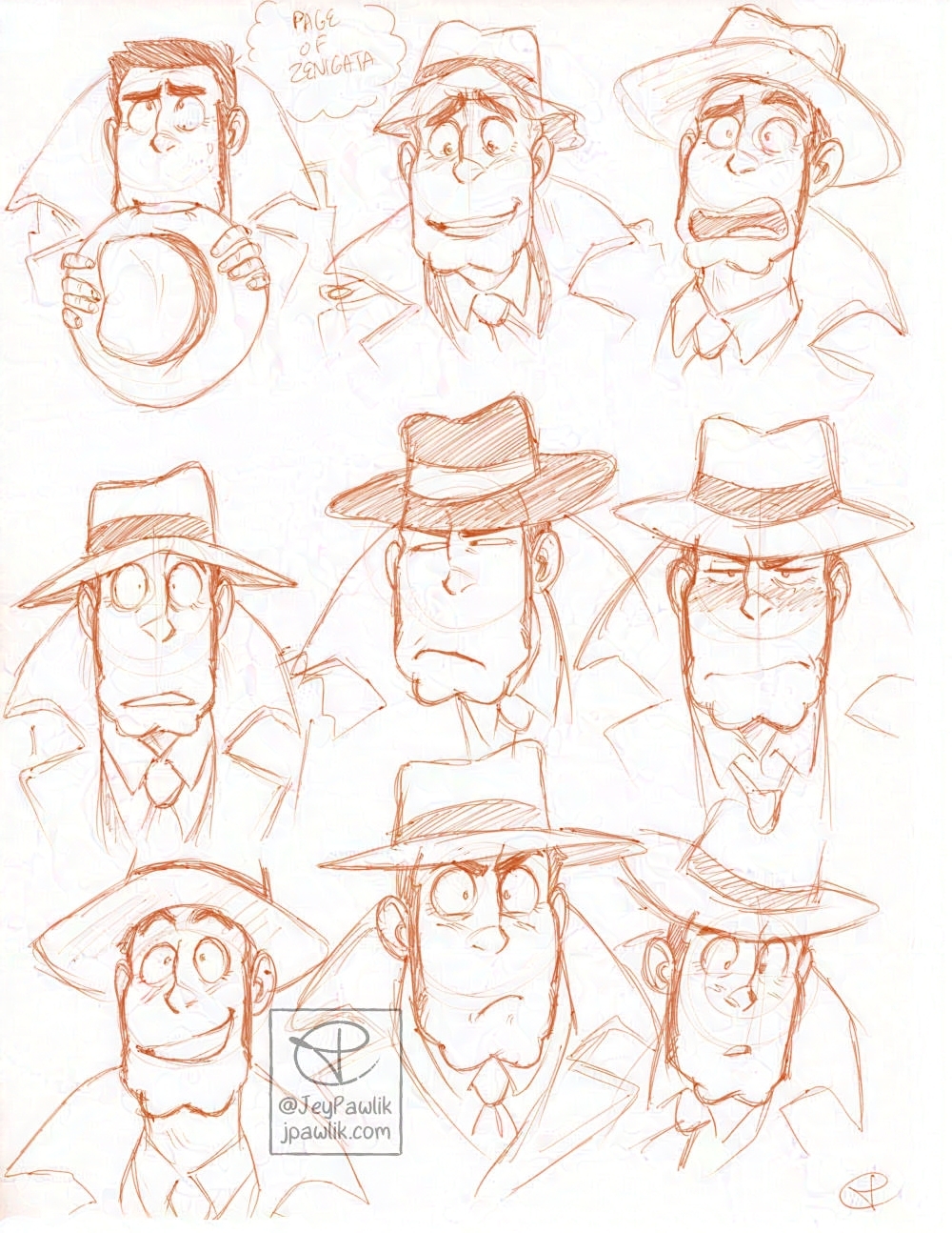 Sketch page of nine different expressions of Zenigata done in orange pencil.
