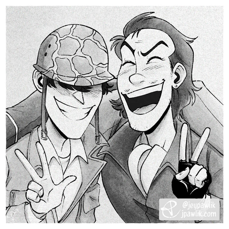 Square drawing made to look like a black and white film photograph. A young Jigen is arm in arm with a young Mash, from the Lupin the third tv special Hemingway Papers, the two of them are wearing army uniforms and smiling for the camera, they have their hands up in peace signs. Jigen is wearing a helmet that covers his eyes but does not have a beard. Mash is wearing a higher ranking uniform than Jigen and has his hair in a mullet style, with just a few moustache hairs on his upper lip.