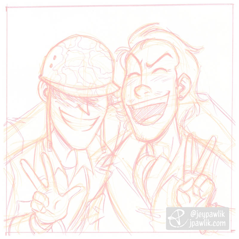 Sketch of the previous drawing, done in light red and orange pencil.