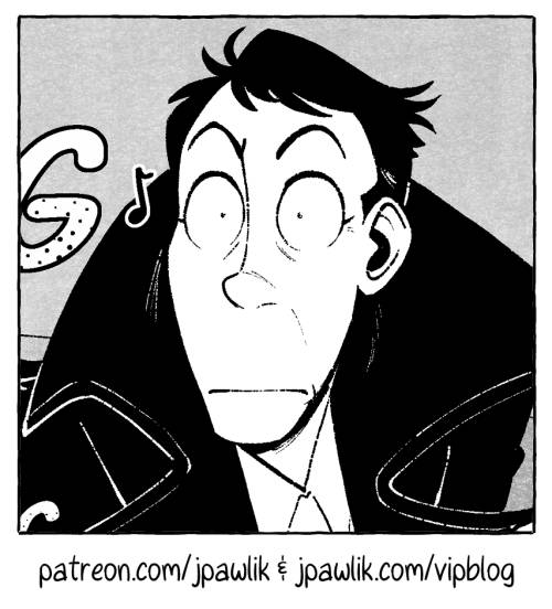 Crop from the comic The Curtain Falls, where Yata, his his late 40s, is looking slightly to the left with a surprised expression, his eyes are extremely wide and a bit goofy. Text at the bottom reads “patreon.com/jpawlik & jpawlik.com/vipblog”