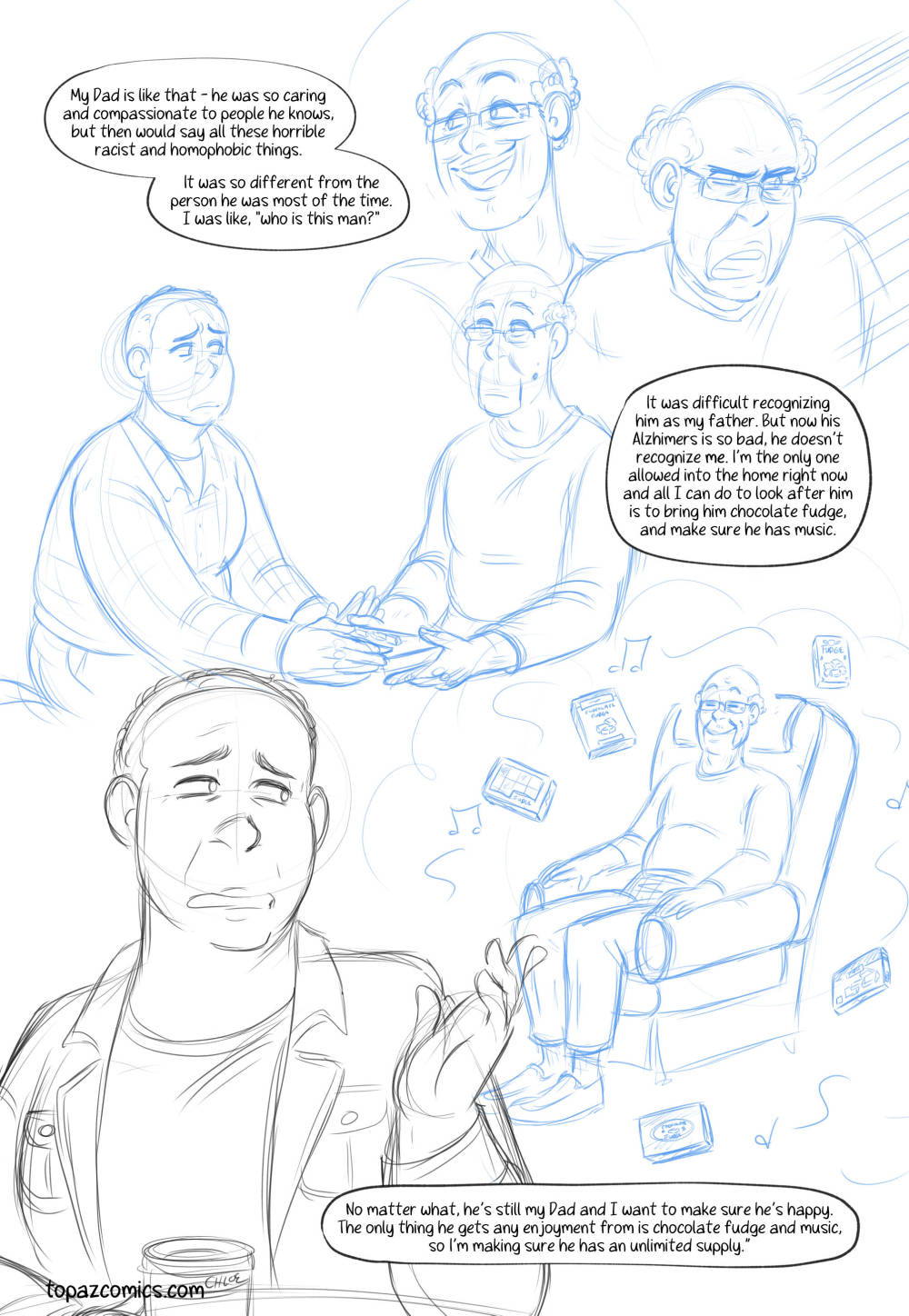 Sketch of previous page, done in grey and blue pencil.